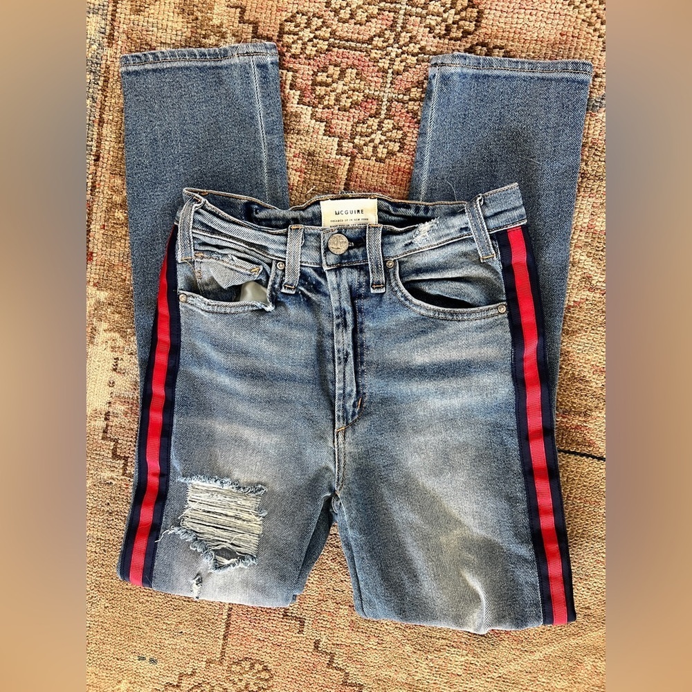 McGuire Ibiza Jeans Crop Ankle Blue Red Tuxedo Stripe- distressed - Picture 2 of 5